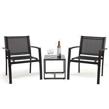 Mondeer 3pc Black Garden Furniture Set Durable Textilene Seats & Glass Table