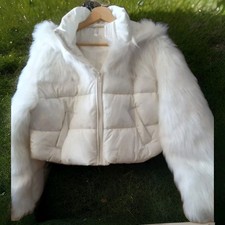 Cream Puffer And Fur Jacket Size UK 8