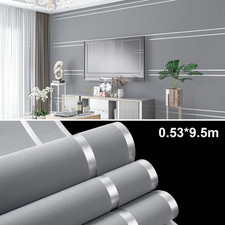 9.5m 3D Damask Dual Stripe Wallpaper Silver Dark Grey Non-Woven Fabric Wallpaper