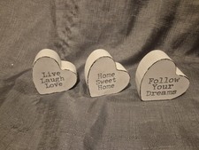 Set of 3 White Wooden Heart Shaped Ornaments  6x2.5cm Positive Affirmations.