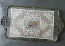 Vintage ornate dressing table tray petit point embroidery & lace under glass