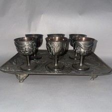 20th C Pewter Footed Serving Tray With 6 Small S/P Goblets Oriental Dragon Theme