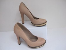 Size 5 FEUD BRITANNIA Beige Leather Court Shoes Slim Block Heel Hardly Worn VGC