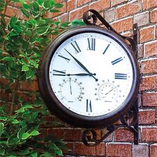 Garden Wall Station Clock Double Sided Rust Copper Effect Thermometer Hygrometer