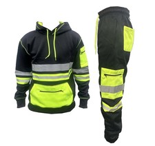 Mens HI VIS VIZ VISIBILLTY 2 Pcs SET TROUSERS SAFETY WORK WEAR Bottoms Hoodie