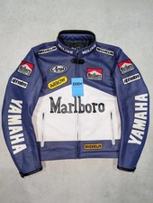 Men's Yamaha x Marlboro Blue & White Motorcycle Racing Real Leather Jacket