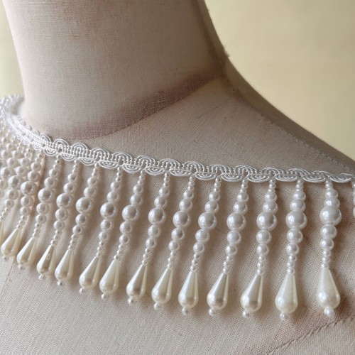 Ivory pearl lace trim - ivory, tassel