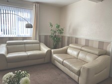 2 x 2-Seater Leather Sofas Cream  Furniture Village. Adjustable Headrests VGC 