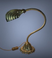 Antique Brass Goose Neck Desk Lamp With Brass Clam Shell Shade. Good Condition.