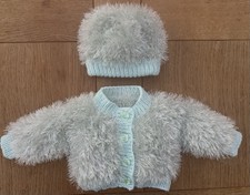 Hand knitted mint green Funky Fur baby jacket & hat set - Newborn.