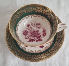 Green And Gilt Royal Stafford Cabinet Cup And Saucer With Pink Floral Decoration