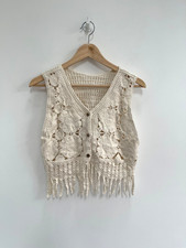 Crochet Waistcoat Cream Ivory Vest Tank Top Tasselled Knit UK 12 - NEW