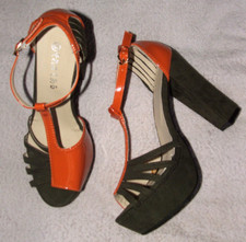 Orange / Khaki, Block Heel, Platform, T-bar, Strappy Sandals, Womens UK 5 RARE