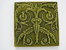 ANTIQUE 6" GREEN MAJOLICA GLAZED MALKIN EDGE ART NOUVEAU FLORAL TILE - C1901