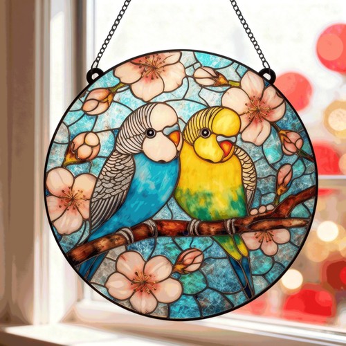 Budgie birds stained - budgie, glass
