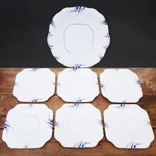 Salisbury Art Deco Side Plates Set Hand Painted China Blue White Gold Square Tea