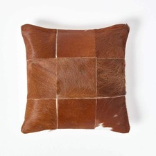 Tan Check Recycled Leather & Goat Hair Cushion Cover 45x45cm Square 18x18Inches