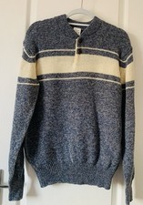 Mens 100% Shetland Wool Jumper - Size M / 38 - Blue & Cream Stripe VGC