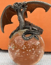 Bubbled Glass Paperweight : Fantasy Winged Pewter Dragon Perched on Top
