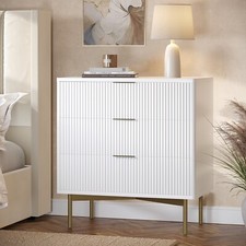 Chest of Drawers White Gloss with 3 Ribbed Drawers Gold Handles Legs Art Deco
