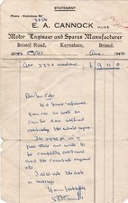 E. A. Cannock Bristol 1950 Motor Engine & Spares Manufacturer Invoice Ref 41601