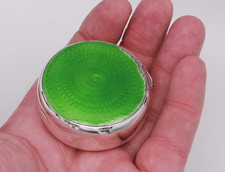 Sterling Silver Snuff / Pill Box Green Enamel 5 cm dia. Birmingham 1910