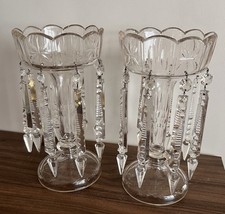 Rare Antique Victorian Crystal Glass Lustre Vases. Chandelier Droplets. Set of 2