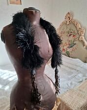 Antique Black Ostrich Feather Boa Stole with Tassels Edwardian Gibson Girl