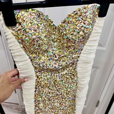 Forever Unique Jovani Looking Ruched White Dress Crystals Rhinestones Bodycon