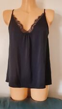LADIES BLACK SILKY CAMI TOP SWING PARTY SUMMER STRAPPY CLASSY LACE TRIM UK 12