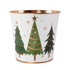 Metal White Plant Pot Christmas Trees Stars 14cm Tin Pail Planter Gold Rim Xmas