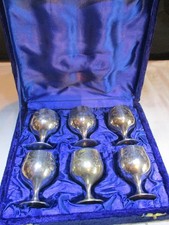 VINTAGE Boxed Set of 6 Engraved Silver Plated Small Shot Goblets / Egg Cups