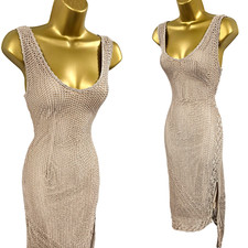 KM-3 UK-12-14 KAREN MILLEN Gold Beige Vintage Crochet Floral Bodycon Dress