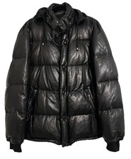 Billionaire Italian Couture Leather Puffer Jacket XL/2XL Black Hood Lampo Winter