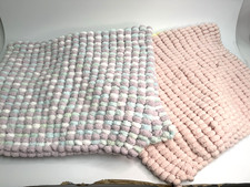 Hand Knitted Super Soft Pom Pom Blankets x 2 Pale Pink, Lemon, Lilac, Mint