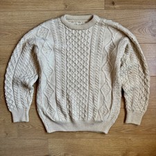 Vintage Aran Fisherman Jumper Beige Thick Wool Cable Knit Irish Style