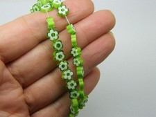 64 Millefiori beads flat flower white grass green 6mm glass OB33