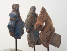 Antique Indian Hand-Carved Wooden Horses Heads on Stand / Blue Paint