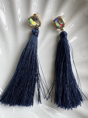 Navy blue tassel drop earrings - blue,