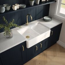 Nuie Butler Fireclay Flush Weir Kitchen Double Sink Bowl 795mm White Modern