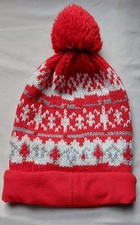 Red and White Winter Bobble Hat Fleece Lined