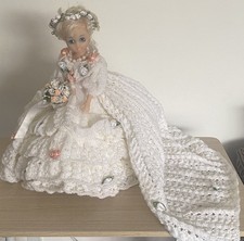 Hand Crochet Wedding Dress On Vintage Doll Large Train & Real Pearl Necklace