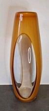 Large VintageMurano Art Glass Floor Statement Vase Ochre Yellow White ITALY 19" 