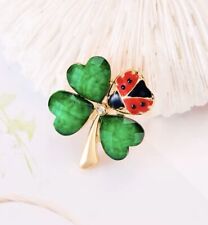 Lucky Four Leaf Clover Ladybug Irish Shamrock Green Crystal Brooch Emerald Heart