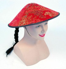 Fancy Dress Chinese New Year Coolie Hat Red Fabric Oriental Cone Hat China Party