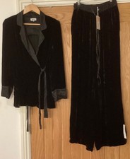 Ghost black velvet silk trouser suit tuxedo jacket size xs +S 8-10 wide leg New