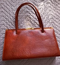 Vtg 50s 60s Classic Tan Leather Box Bag Handbag Suede Lined Inner Pockets