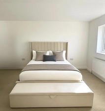 Winged Cream Panel Bed Frame Velvet/ Teddy Fabric Ottoman Gas Lift Storage Bed