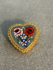 VTG Micro Mosaic HEART WITH FLOWERS Brooch PIN, gold tone double border, ITALY