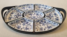 Vintage Large Black Tray with 7 Blue & White Bone China Serving Dishes by Booths